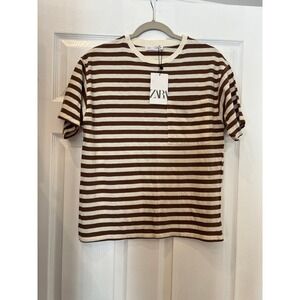 NWT Zara T-Shirt Cotton Knit Striped Nautical Brown Cream Pocket Tee Minimalist